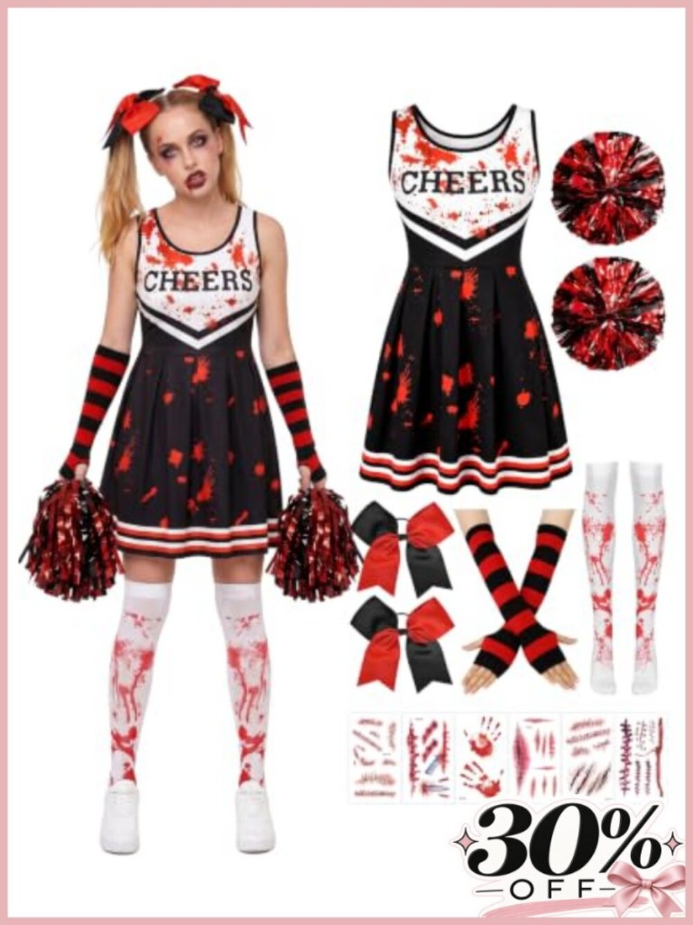 Zombie Cheerleader Costume for Women with Dress & Accessories, Large
